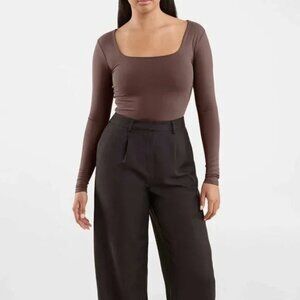 Nuuds Coffee Long Sleeve Square Neck Thong Style Bodysuit